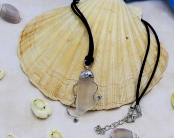 Recycled Bottle Glass Pendant - Frosted "Sea" Glass and Soldered Necklace - White/Green with Silver and Copper