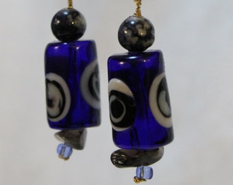 Blue Glass Beaded Earrings - Lampwork Glass Evil Eye Beads - Classic Drop Earrings - Quartz and Sodalite Natural Stones - Sophisticated