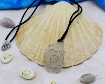 Recycled Bottle Glass Pendant - Frosted "Sea" Glass and Wire Wrapped Necklace - Clear/White with Silver