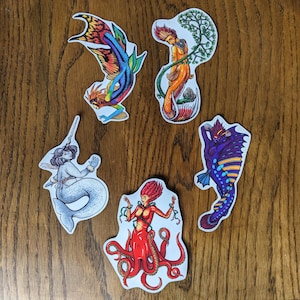 5-inch Vinyl Sticker - Merfolk Set - Five Designs - Large Handmade Collectible Stickers - Mermaid/Merman Paintings