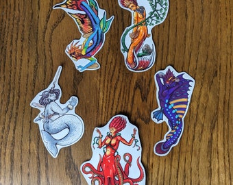 5-inch Vinyl Sticker - Merfolk Set - Five Designs - Large Handmade Collectible Stickers - Mermaid/Merman Paintings