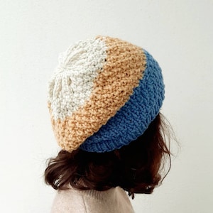 Chunky knit beret, blue, cream and white. Winter season for Men, woman head knitwear. Neutral gender trend, all ages token for Christmas image 1