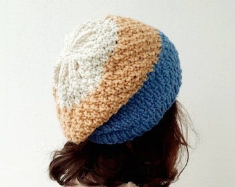 Chunky knit beret, blue, cream and white. Winter season for Men, woman head knitwear. Neutral gender trend, all ages token for Christmas