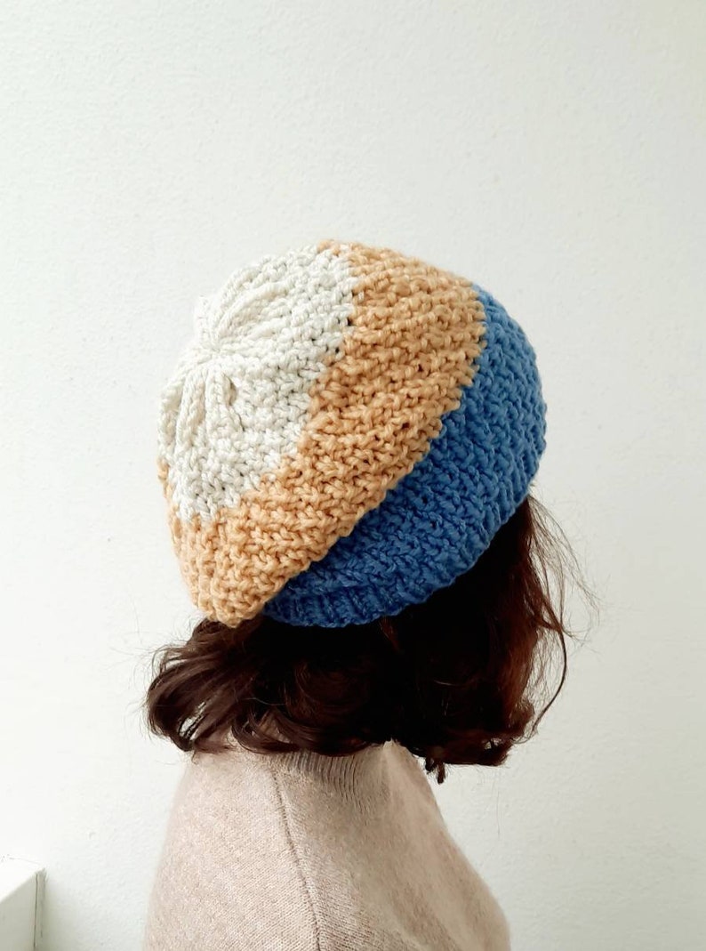 Chunky knit beret, blue, cream and white. Winter season for Men, woman head knitwear. Neutral gender trend, all ages token for Christmas image 1