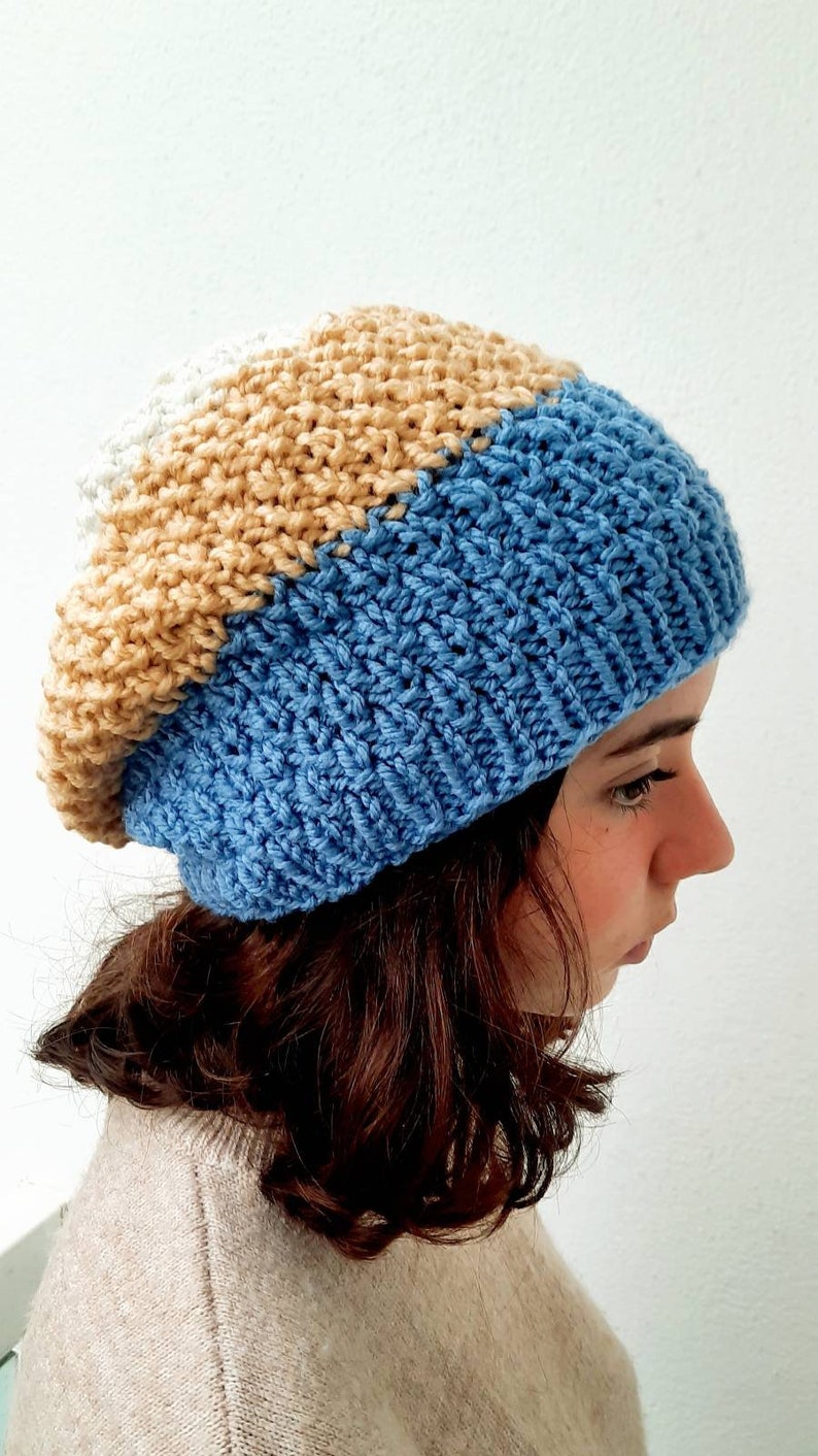 Chunky knit beret, blue, cream and white. Winter season for Men, woman head knitwear. Neutral gender trend, all ages token for Christmas image 2