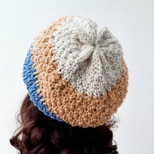 Chunky knit beret, blue, cream and white. Winter season for Men, woman head knitwear. Neutral gender trend, all ages token for Christmas image 5