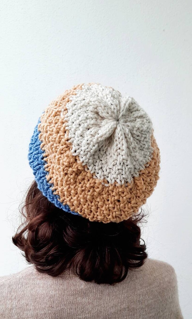 Chunky knit beret, blue, cream and white. Winter season for Men, woman head knitwear. Neutral gender trend, all ages token for Christmas image 5