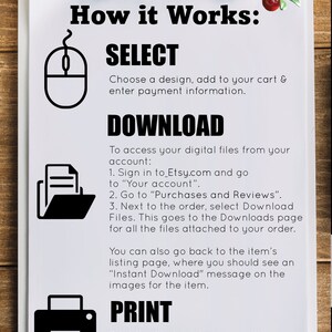 May include: White sheet of paper with black text explaining how to download and print digital files from Etsy. The text includes the words "Select", "Download", and "Print".