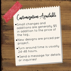 May include: A white note with black text on a wooden background. The note says "Customization Available" and lists details about customisation options, including pricing and turnaround time.