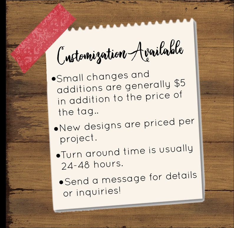 May include: A white note with black text on a wooden background. The note says "Customization Available" and lists details about customisation options, including pricing and turnaround time.
