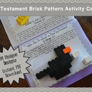 May include: A set of printable activity cards featuring Old Testament stories. Each card has a Bible verse and a LEGO brick pattern to build. The cards feature stories about Daniel in the Lion's Den and Elijah being fed by ravens.