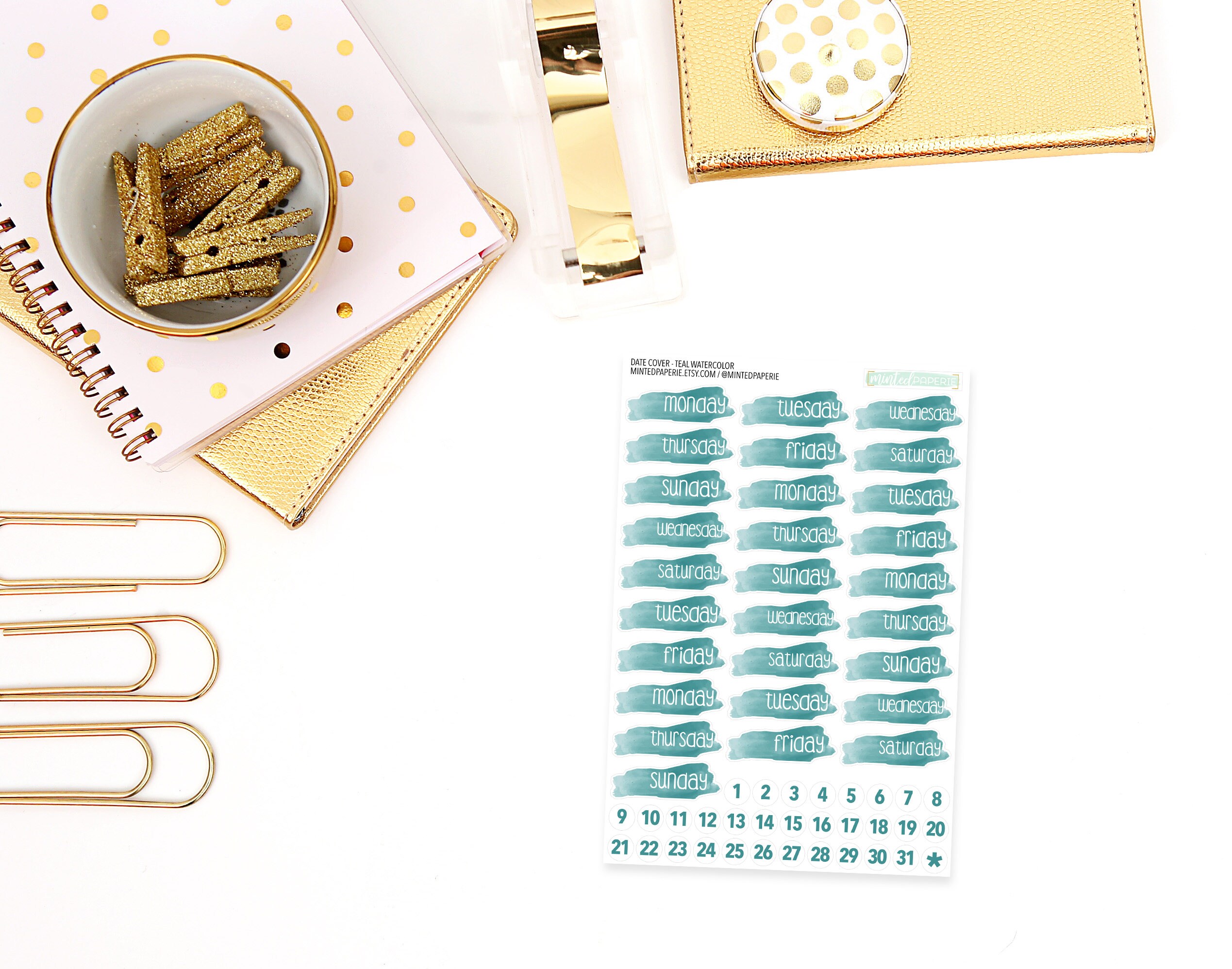 dc-teal - Teal Watercolor Date Cover Planner Stickers