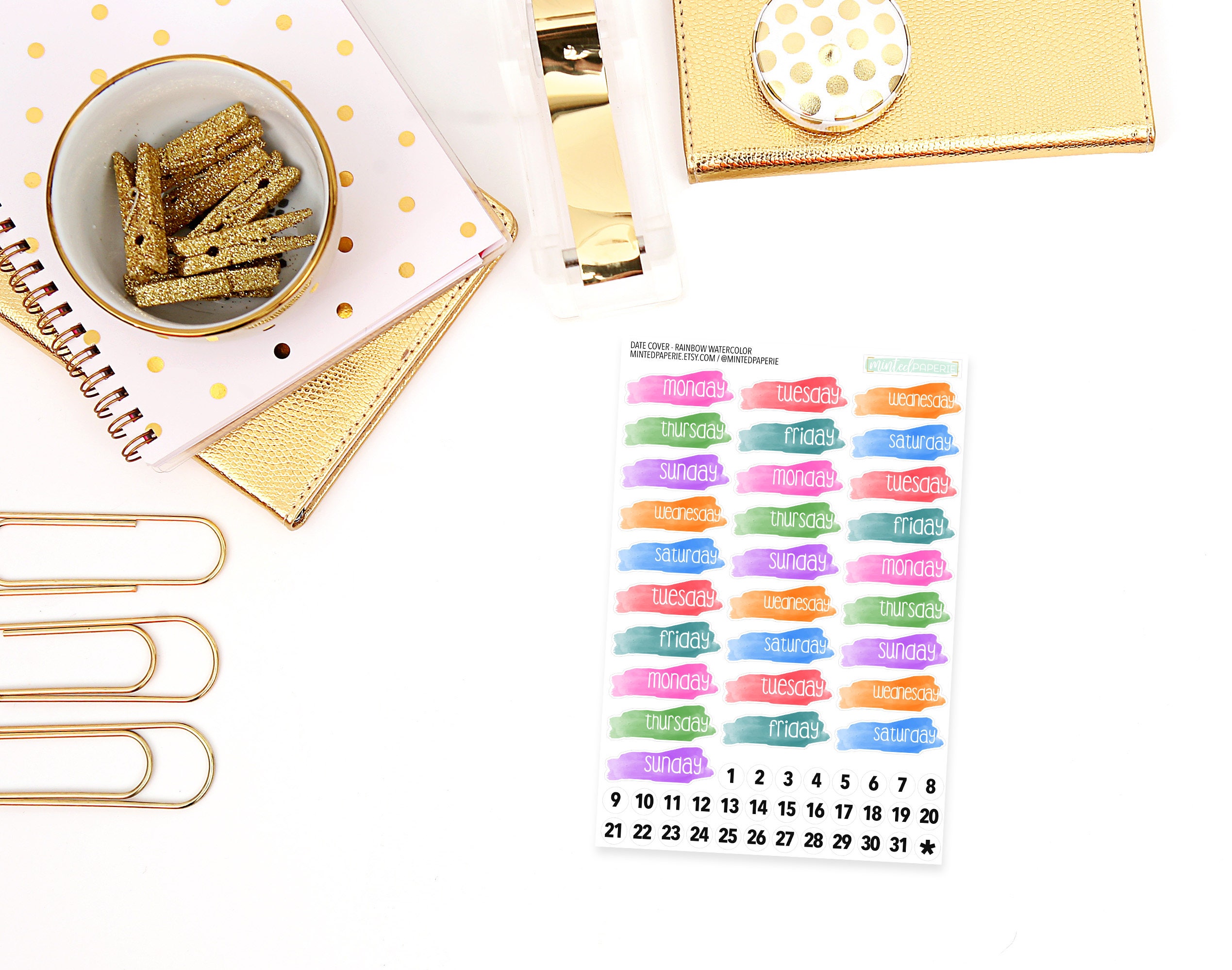 dc-rainbow - Rainbow Watercolor Date Cover Planner Stickers
