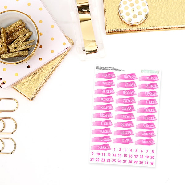 dc-pink - Pink Watercolor Date Cover Planner Stickers