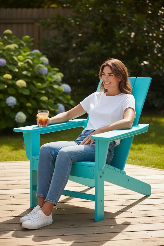 POLYCHAIR™ All-Weather Modern Flat Back Poly Adirondack Chair Outdoor Furniture | Heavy Recycled Plastic poly not wood | Weatherproof Chair