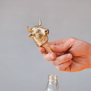 Bottle Stopper Bull. Wine Bottle stopper gold color. Christmas Golden Bottle cork image 1