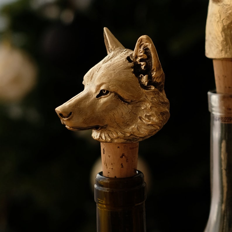 Bottle Stopper Wolf. Wine Bottle Cork. Gold Color Stopper Wine. Brass wine topper image 10