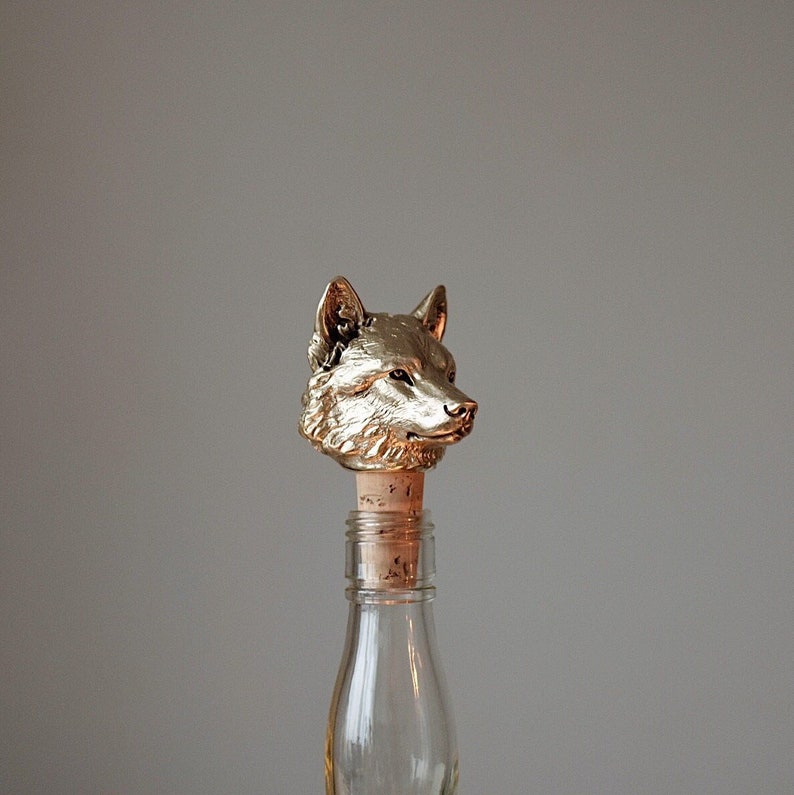 Bottle Stopper Wolf. Wine Bottle Cork. Gold Color Stopper Wine. Brass wine topper image 9