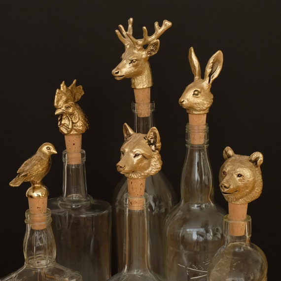 Set of Any Five Bottle Stoppers, Animal Brass Sculpture, Barware