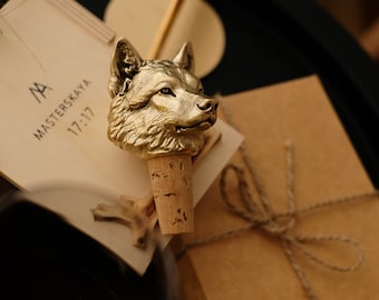 Bottle Stopper Wolf. Wine Bottle Cork. Gold Color Stopper Wine. Brass wine topper