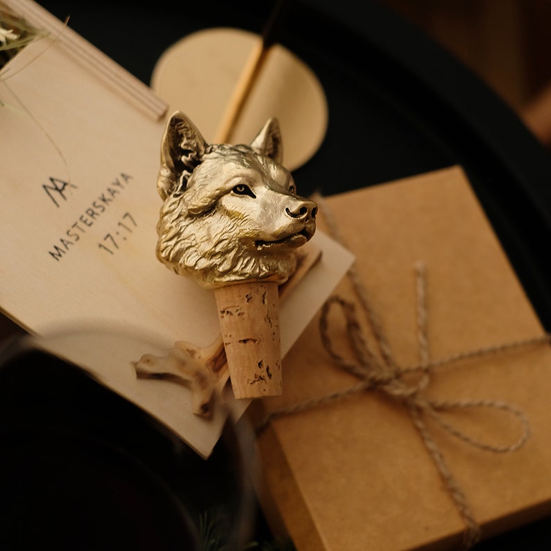 Bottle Stopper Wolf. Wine Bottle Cork. Gold Color Stopper Wine. Brass wine topper image 1