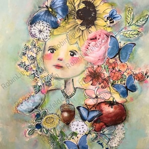 May include: A whimsical painting of a person with a head full of flowers, butterflies, and a sunflower. The person is wearing a light blue shirt and a necklace with acorns. The background is a light blue-green colour.