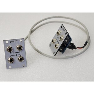 Pu&ograve; includere: Due moduli elettronici color argento con pi&ugrave; prese di ingresso e la scritta "DMULT". Un modulo ha quattro prese contrassegnate A e B. Un cavo grigio collega i moduli. Questi moduli sono probabilmente per l'elaborazione del segnale audio o elettronico.