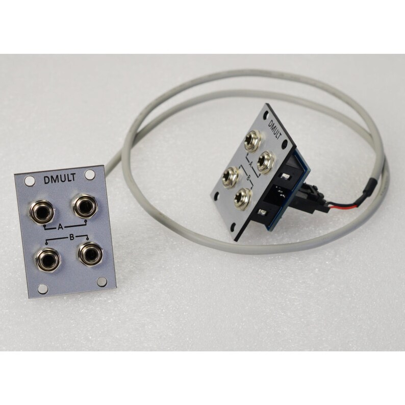 Pu&ograve; includere: Due moduli elettronici color argento con pi&ugrave; prese di ingresso e la scritta "DMULT". Un modulo ha quattro prese contrassegnate A e B. Un cavo grigio collega i moduli. Questi moduli sono probabilmente per l'elaborazione del segnale audio o elettronico.