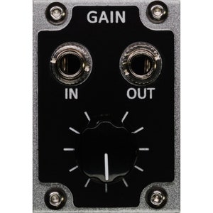 May include: A silver and black audio gain control with two 1/4 inch jacks labeled "IN" and "OUT". The knob is labeled "GAIN".