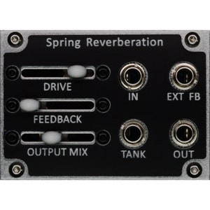 May include: A black electronic audio effects module with the text "Spring Reverberation". It features white slider controls labeled "Drive", "Feedback", and "Output Mix", along with input and output jacks.