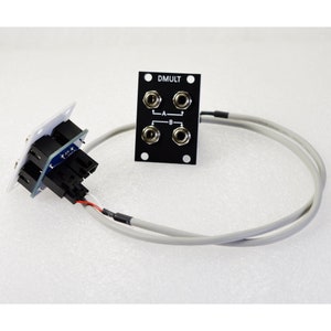 Pu&ograve; includere: Componente elettronico con un pannello nero etichettato "DMULT" con quattro jack audio. Un connettore bianco con pi&ugrave; porte nere &egrave; collegato al pannello tramite un cavo grigio. L'immagine &egrave; su sfondo bianco.