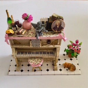 Free shipping - Beautiful Unique 1/12 miniature Wood Decorated Piano and Stool with many 1/12 dollhouse Miniatures