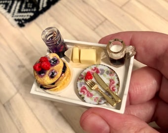 1/12 dollhouse miniatures - White tray with pancakes, butter, jam and coffee