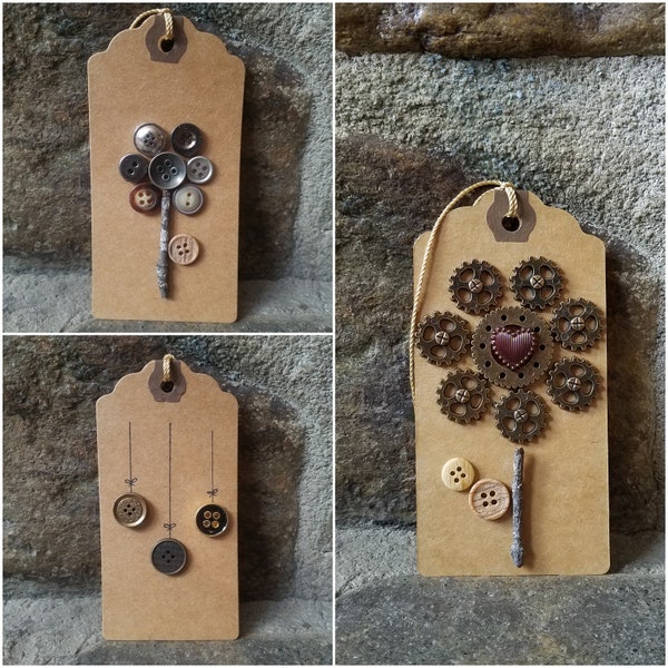 Steam Punk woodsy spring Flowers, baubles, made with buttons, ornament or gift tag, Set of 3