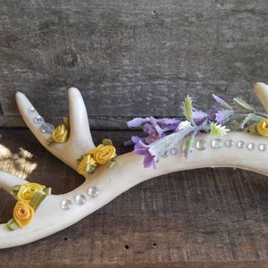 Spring Resurrection, Realistic Faux Antler decor with cloth and artificial flowers and gem rhinestones
