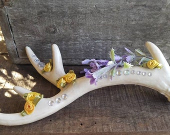 Spring Resurrection, Faux Antler with cloth and artificial flowers and gem rhinestones