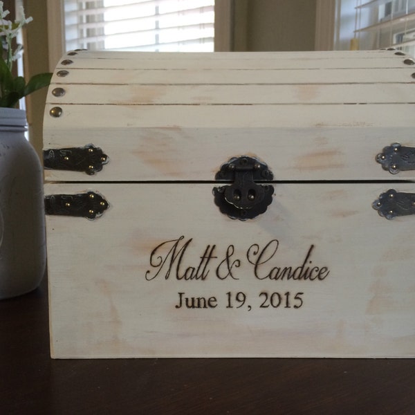 Wood-burned, white-distressed, wedding chest, baby shower, bar/bat mitzvah, quicieta, memory/keepsake box, country, rustic, personalized