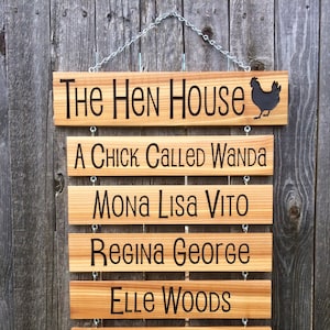 Letrero personalizado de cedro para gallinero con nombres de pollo, letrero con nombre de gallinero colgante para exteriores