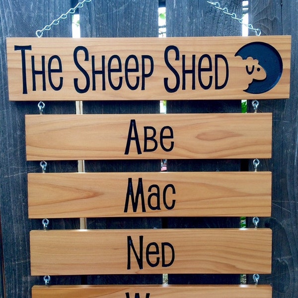 The Sheep Shed Hanging Name Sign // Drop Down Name Signs // Wood Signs With Carved Words // Custom Animal Name Signs