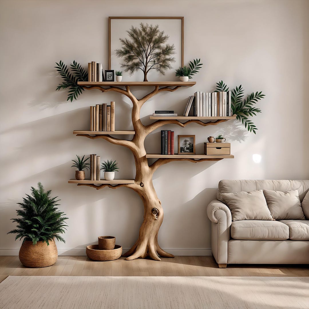 Tree-shaped Solid Wood Floating Corner Bookshelf Wall-mounted Bookshelf ...