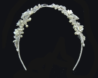 Split Style Pearl And Leaf Wedding Headpiece, Silver Leaf And Pearl Wedding Headdress