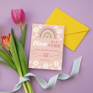 Retro Five is a Vibe Invitation, Retro 5th Birthday Invitation, Retro Birthday Party Invitation, 70&#39;s Birthday Invitation, INSTANT DOWNLOAD