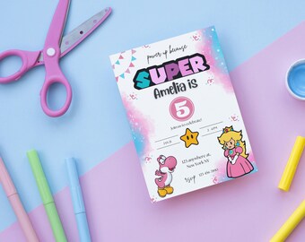 Printable birthday Invitation, Princess Peach Invite, Super Mario invitation, Super Peach instant download editable girl Mario Invite