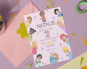 May include: A pink princess-themed birthday invitation with a picture of Natalie turning 2. The invitation features various Disney princesses, including Ariel, Belle, Cinderella, Jasmine, Moana, Mulan, Pocahontas, Rapunzel, Snow White, and Tiana. The invitation includes the date, time, and location of the party.