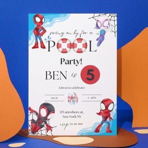 Spidey and Friends Pool Party Invitation, Personalized Invite, Printable, Digital File, Superheroes Party, Instant Download, Spider, Iron