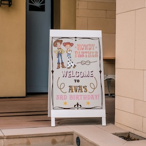 Toy Story Welcome Sign, Pink Toy Story Birthday Digital Sign, Welcome Poster, Toy Story Party Decor. Digital Download, Howdy Partner Woody