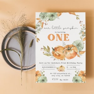 Pumpkin First Birthday Invitation EDITABLE, Our Little Pumpkin Birthday Invite,Girl Pumpkin First Birthday Invitation,Instant Download