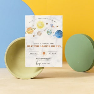 1st Trip Around the Sun Birthday Invitation, 1st Birthday, First Trip, Over the Moon, Space, Planets, Rocket, Edit PDF Template, Evite