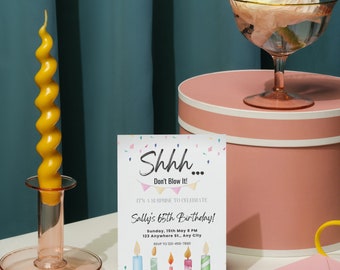 Editable Candles Surprise Birthday Invitation Shhh It's A Surprise Party 30th 40th 50th 60th Adult Download Template DIGITAL DOWNLOAD