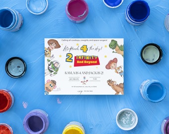 Story Toy Double Birthday Invitation Invite Party For Two Kids Buzz Lightyear Woody Twins Siblings 2 Printable Editable CUSTOM